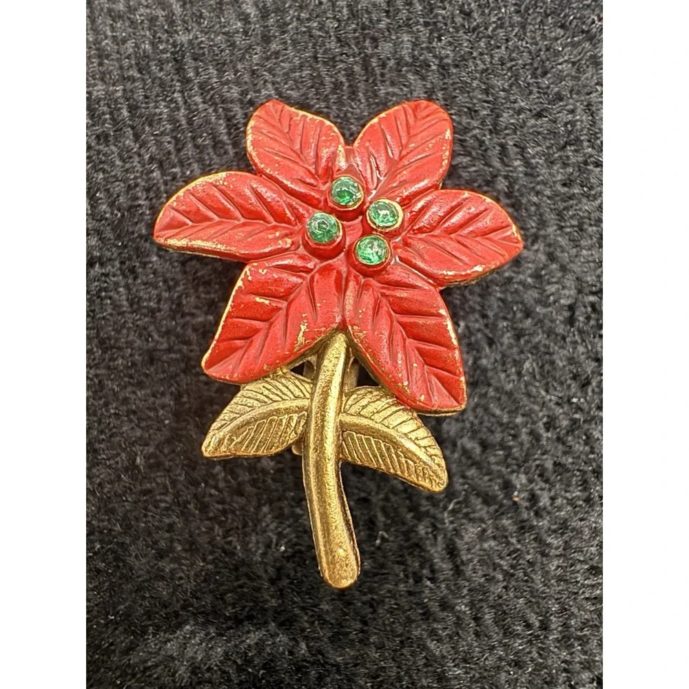 Vintage Poinsettia Brooch Red Enamel Green Rhinestone Gold Tone Christmas Pin Pe